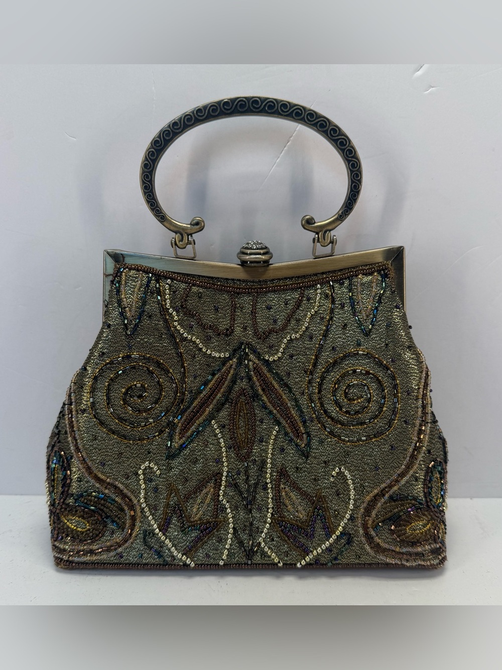 Vintage Fully Beaded Owl Metallic Gold Evening Clutch with Decorative Handle - Picture 2 of 16